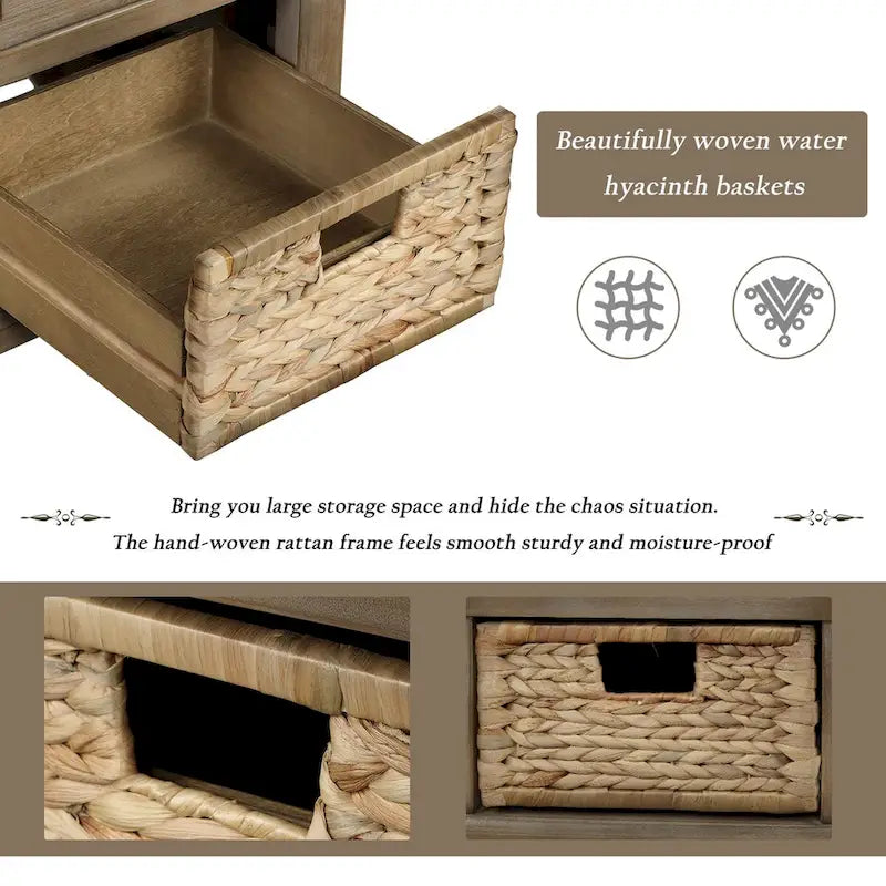 Rustic Acacia Wood Storage Bench with Drawers and Wicker Baskets, White Washed