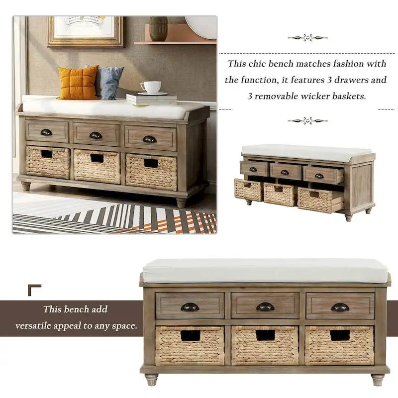Rustic Acacia Wood Storage Bench with Drawers and Wicker Baskets, White Washed