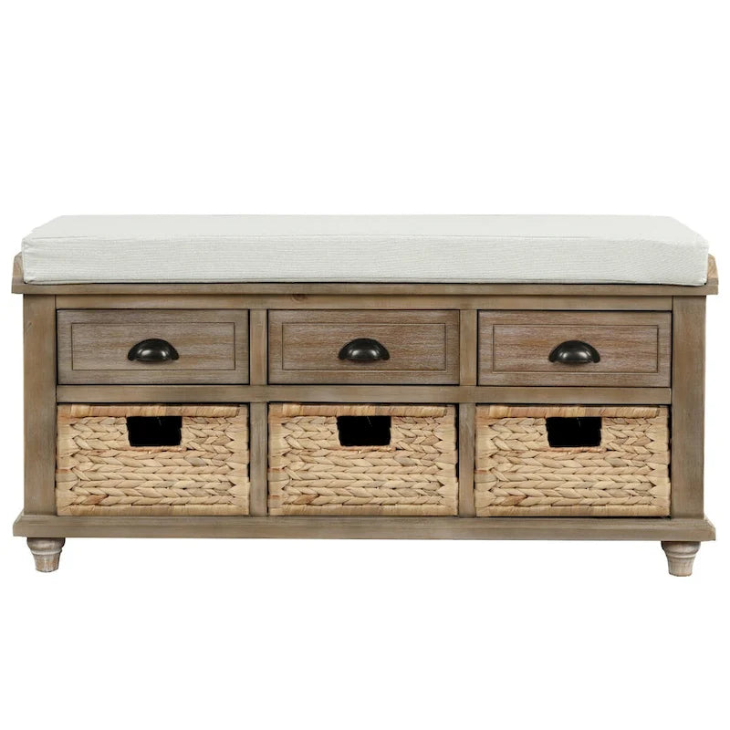 Rustic Acacia Wood Storage Bench with Drawers and Wicker Baskets, White Washed