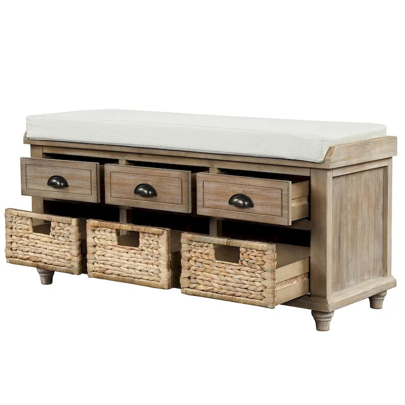 Rustic Acacia Wood Storage Bench with Drawers and Wicker Baskets, White Washed