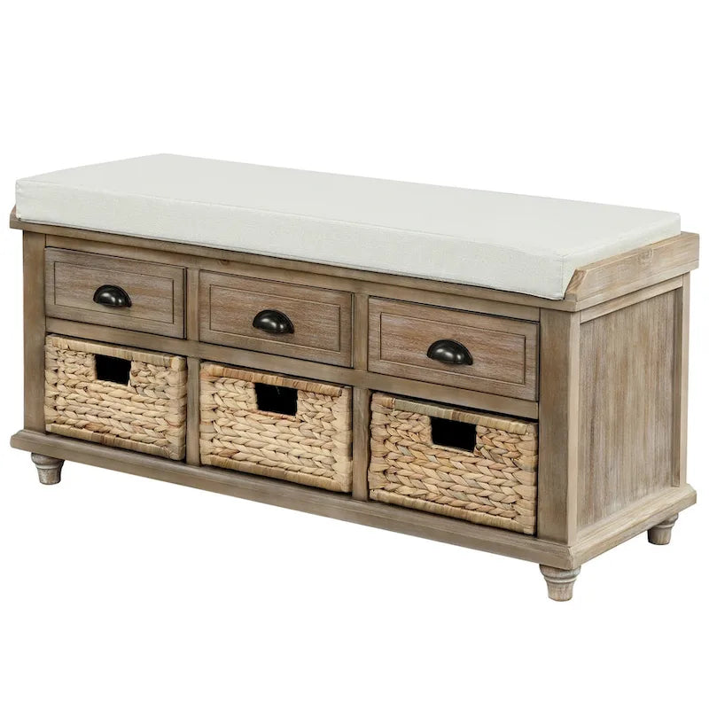 Rustic Acacia Wood Storage Bench with Drawers and Wicker Baskets, White Washed