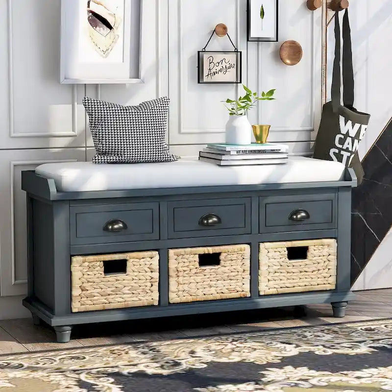 Rustic Acacia Wood Storage Bench with Drawers and Wicker Baskets, White Washed