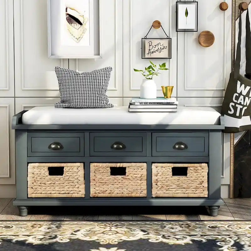 Rustic Acacia Wood Storage Bench with Drawers and Wicker Baskets, White Washed