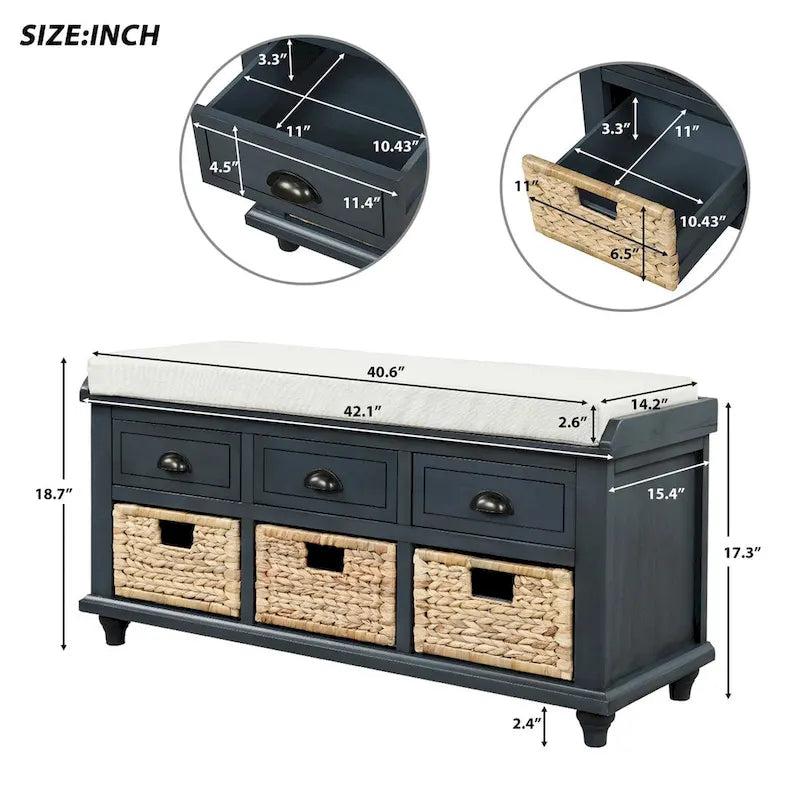 Rustic Acacia Wood Storage Bench with Drawers and Wicker Baskets, White Washed