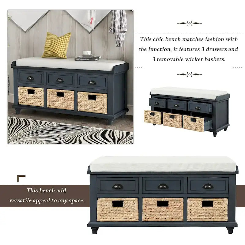 Rustic Acacia Wood Storage Bench with Drawers and Wicker Baskets, White Washed