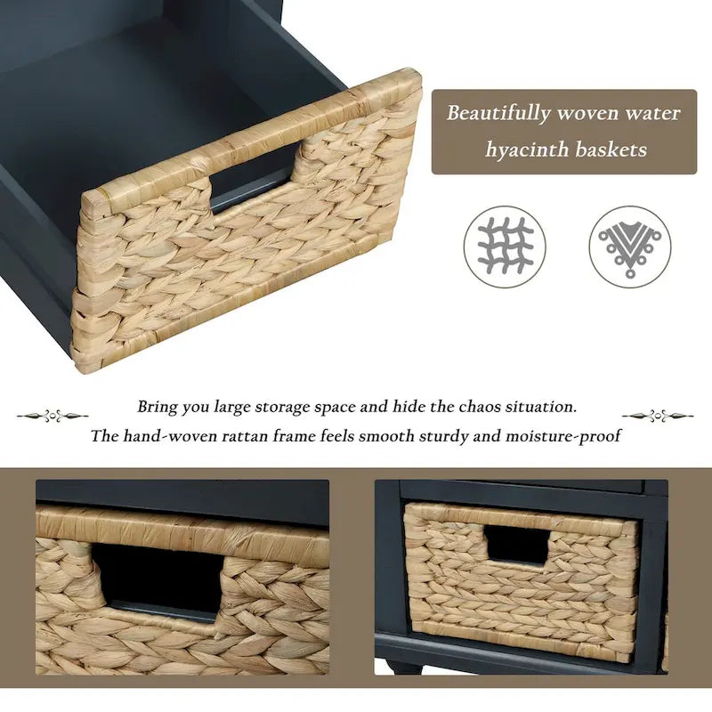 Rustic Acacia Wood Storage Bench with Drawers and Wicker Baskets, White Washed