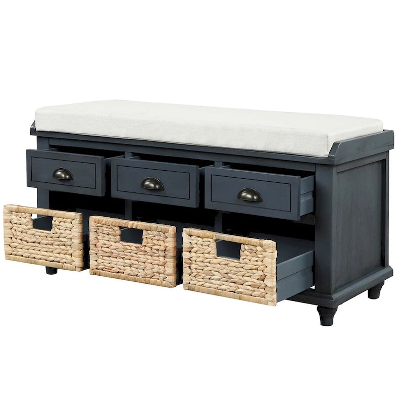 Rustic Acacia Wood Storage Bench with Drawers and Wicker Baskets, White Washed