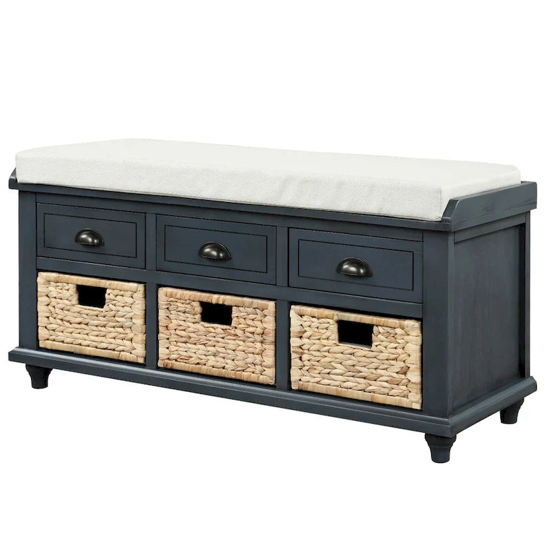 Rustic Acacia Wood Storage Bench with Drawers and Wicker Baskets, White Washed