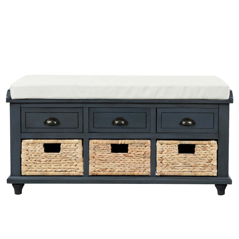 Rustic Acacia Wood Storage Bench with Drawers and Wicker Baskets, White Washed