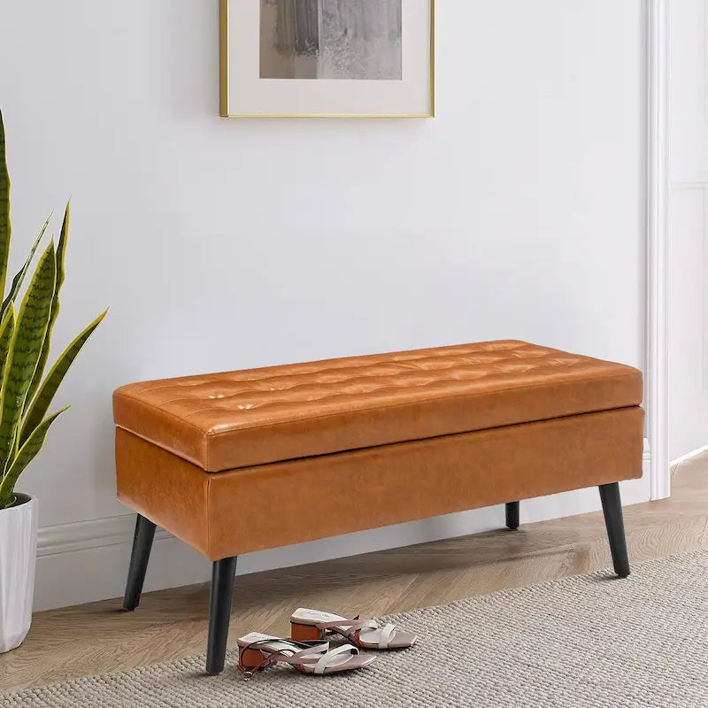 Tufted Faux Leather Flip-Top Storage Ottoman Bench Brown Upholstered