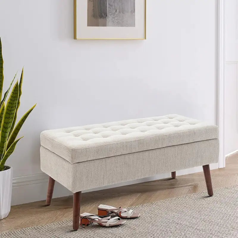 Banc Ottoman de Rangement Marron Rembourré en Faux Cuir Tufté avec Couvercle Basculant