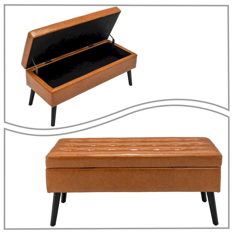 Tufted Faux Leather Flip-Top Storage Ottoman Bench Brown Upholstered
