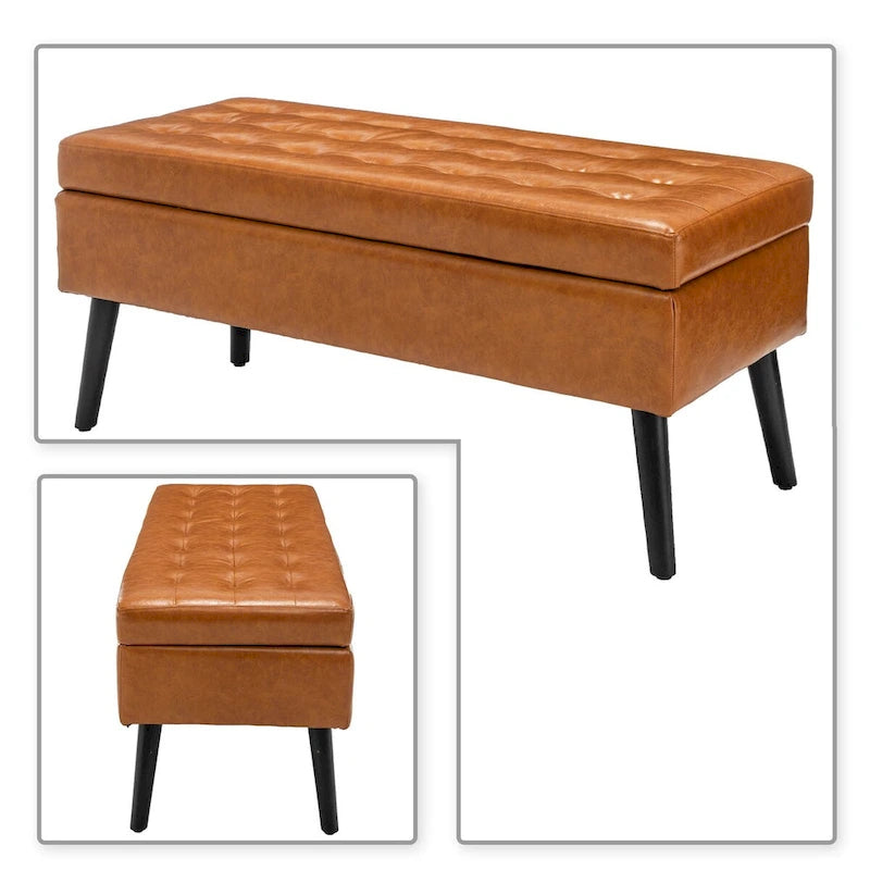 Tufted Faux Leather Flip-Top Storage Ottoman Bench Brown Upholstered