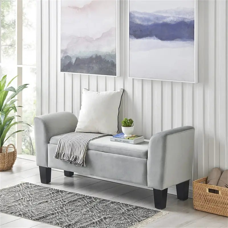 Upholstered Velvet Storage Bench with Curved Arms and Solid Wood Legs
