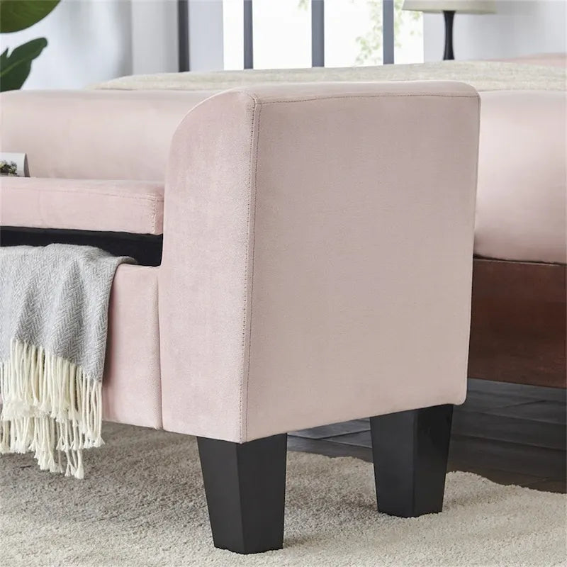 Upholstered Velvet Storage Bench with Curved Arms and Solid Wood Legs