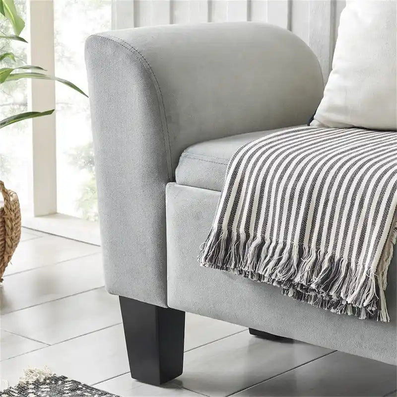 Upholstered Velvet Storage Bench with Curved Arms and Solid Wood Legs