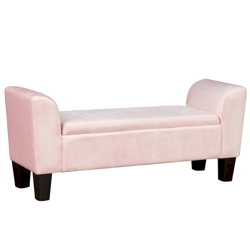Upholstered Velvet Storage Bench with Curved Arms and Solid Wood Legs
