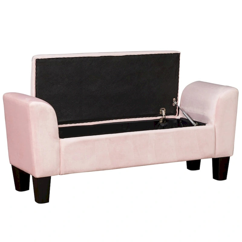 Upholstered Velvet Storage Bench with Curved Arms and Solid Wood Legs