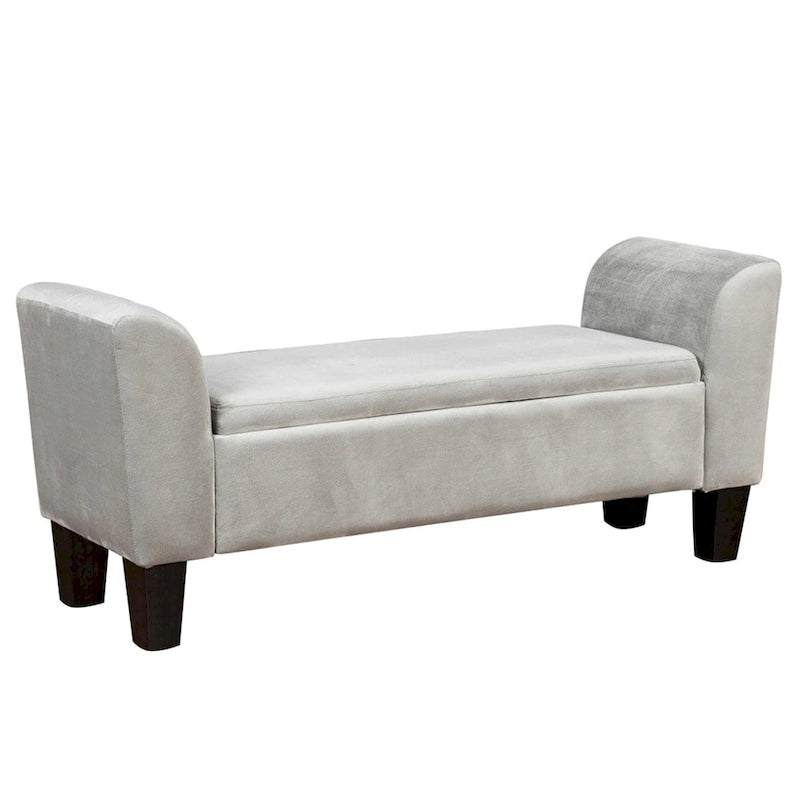 Upholstered Velvet Storage Bench with Curved Arms and Solid Wood Legs