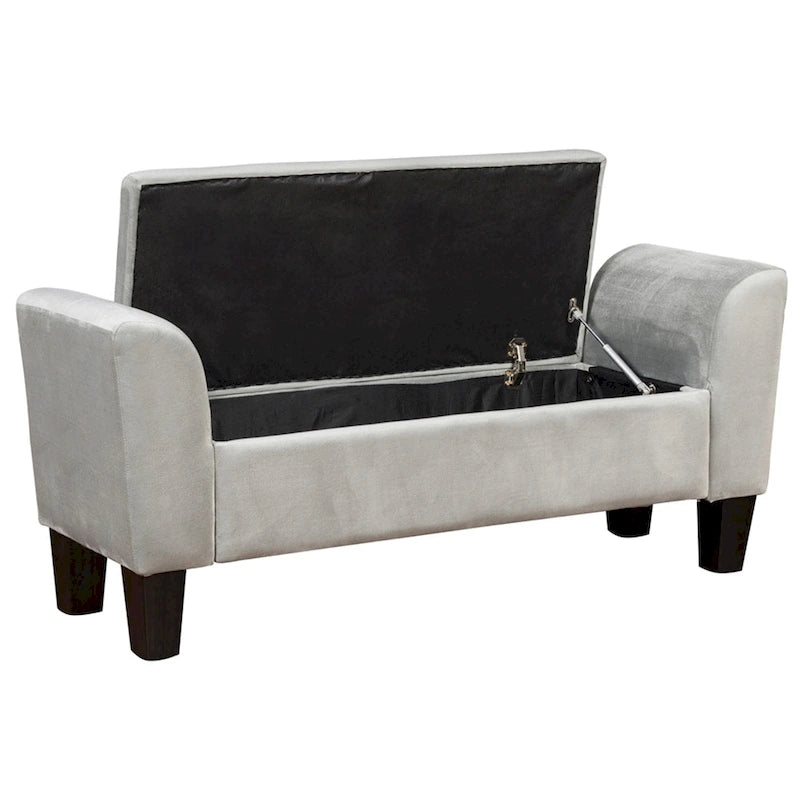 Upholstered Velvet Storage Bench with Curved Arms and Solid Wood Legs