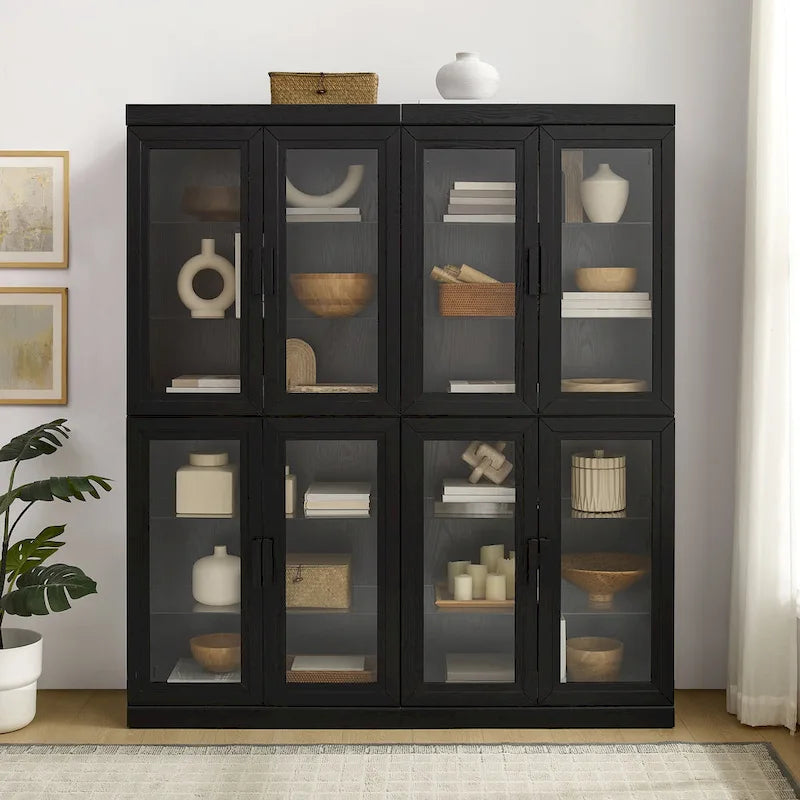 Black Wood-Grain Tall Glass Door Display Storage Cabinet with Adjustable Shelves