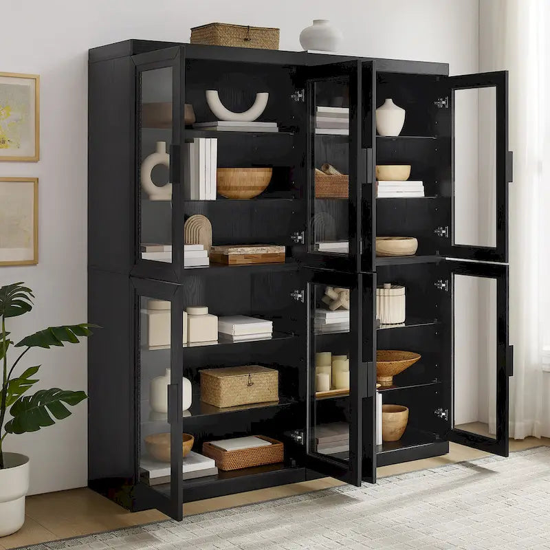 Black Wood-Grain Tall Glass Door Display Storage Cabinet with Adjustable Shelves