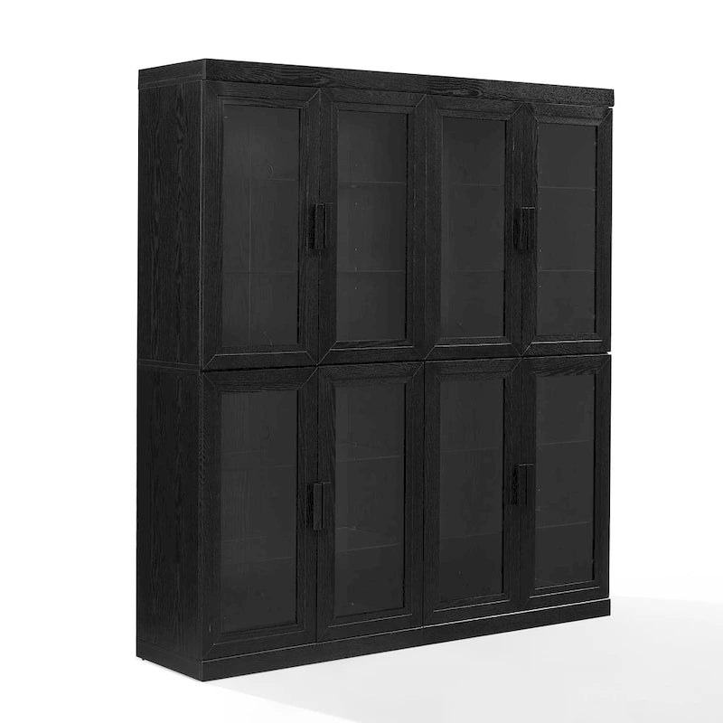 Black Wood-Grain Tall Glass Door Display Storage Cabinet with Adjustable Shelves