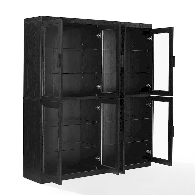 Black Wood-Grain Tall Glass Door Display Storage Cabinet with Adjustable Shelves