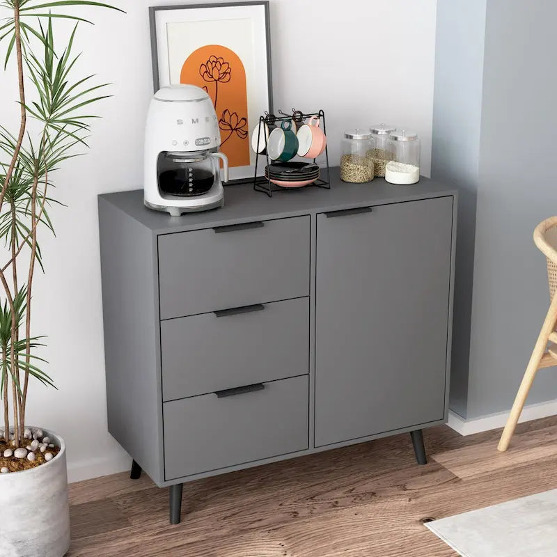 Mid-Century Sideboard Storage Cabinet with 3 Drawers Adjustable Shelf Door