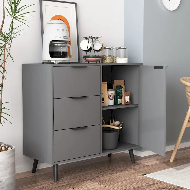 Mid-Century Sideboard Storage Cabinet with 3 Drawers Adjustable Shelf Door
