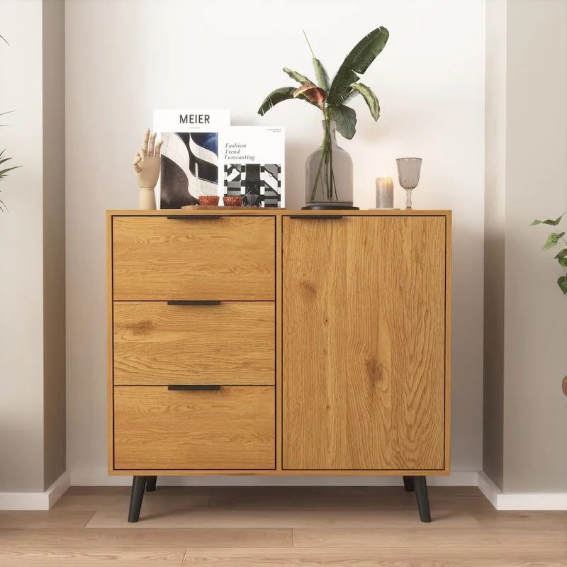 Mid-Century Sideboard Storage Cabinet with 3 Drawers Adjustable Shelf Door