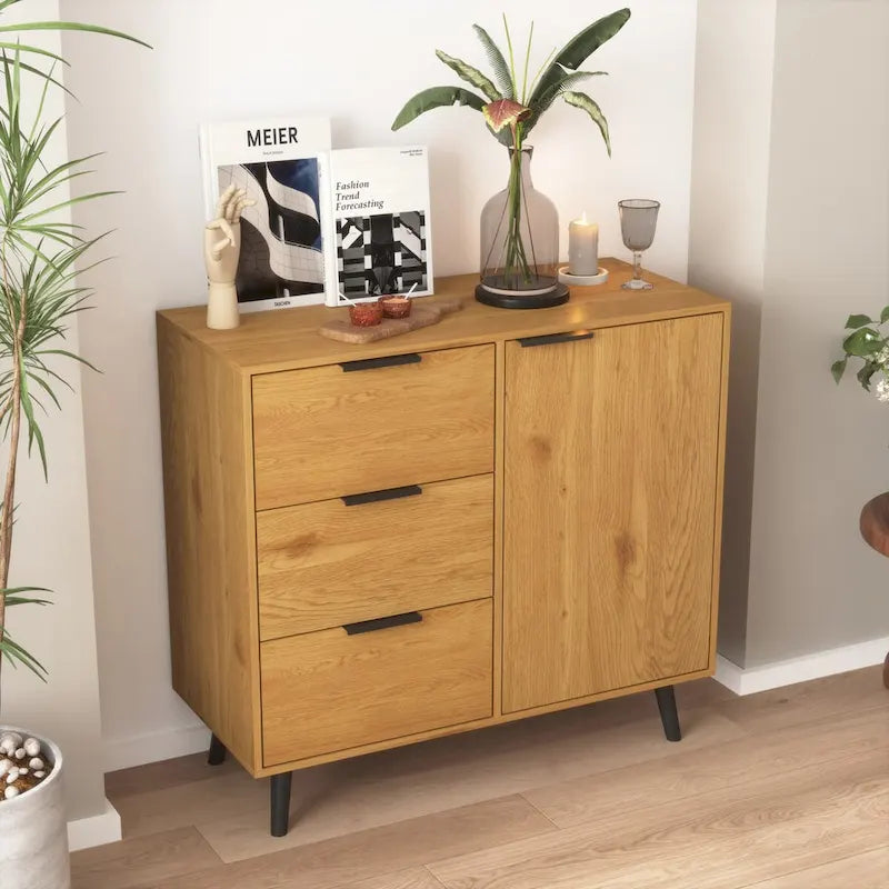 Mid-Century Sideboard Storage Cabinet with 3 Drawers Adjustable Shelf Door