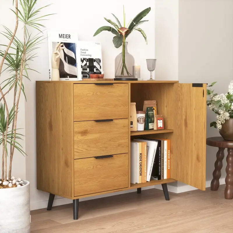 Mid-Century Sideboard Storage Cabinet with 3 Drawers Adjustable Shelf Door