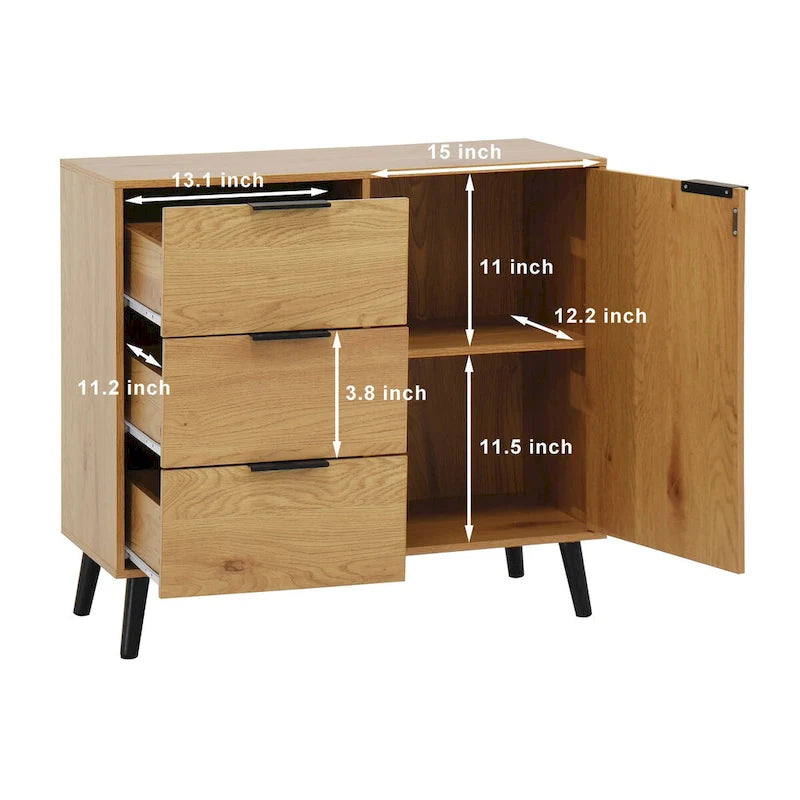 Mid-Century Sideboard Storage Cabinet with 3 Drawers Adjustable Shelf Door