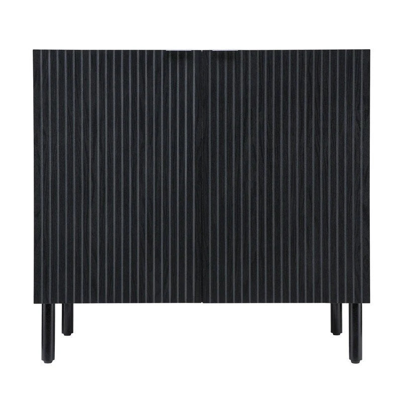 Black 2-Door Storage Cabinet with Grooved Panel and Cylindrical Legs