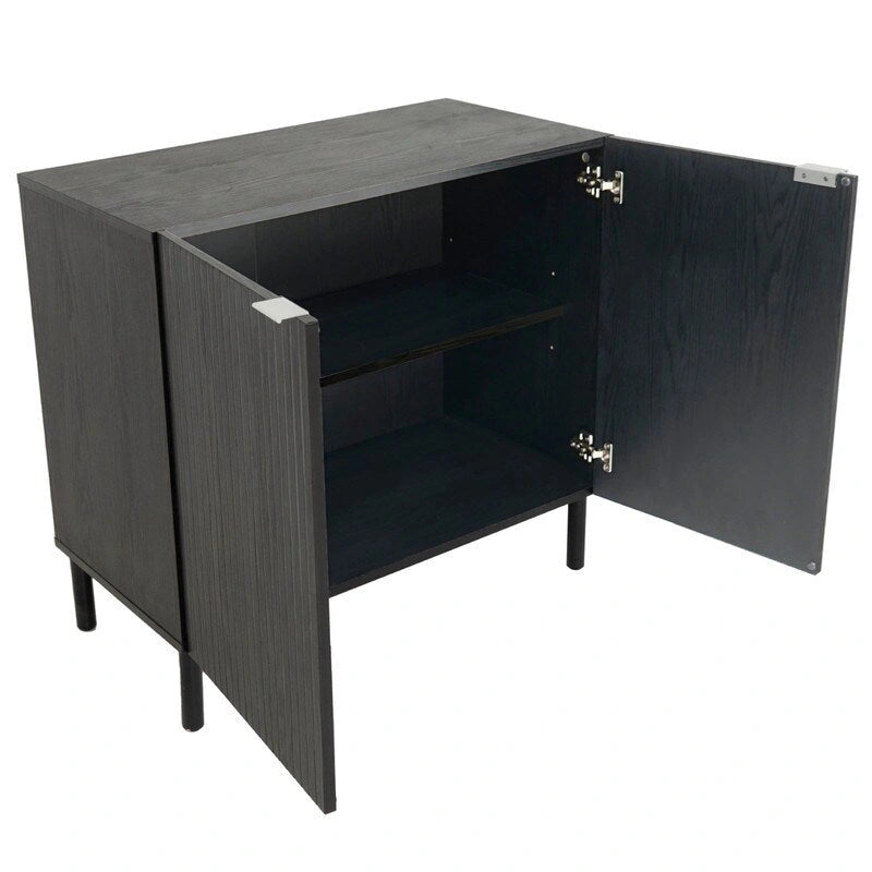 Black 2-Door Storage Cabinet with Grooved Panel and Cylindrical Legs
