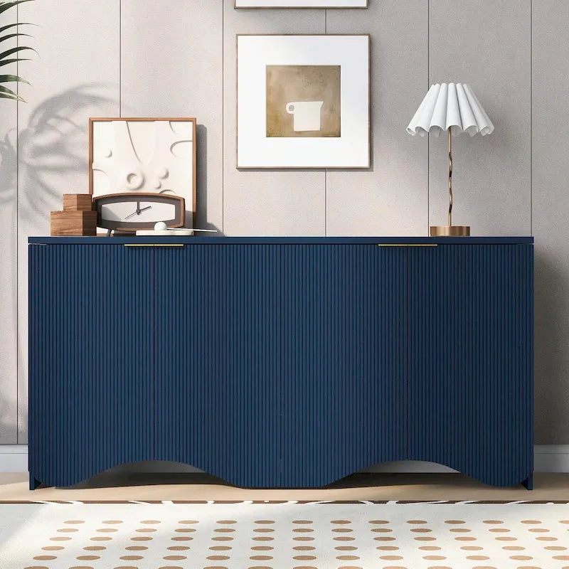 Four-Door Sideboard Cabinet Ribbed Wavy Base Gold Handles Navy Blue White Black