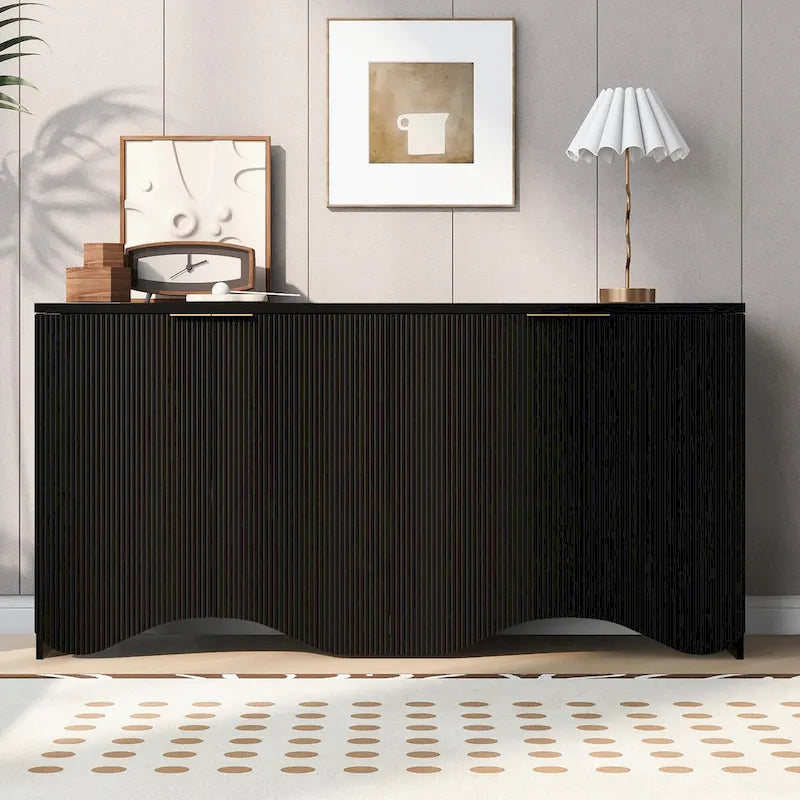 Four-Door Sideboard Cabinet Ribbed Wavy Base Gold Handles Navy Blue White Black