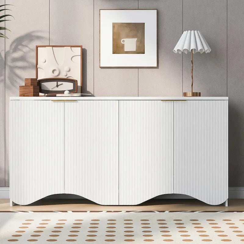 Four-Door Sideboard Cabinet Ribbed Wavy Base Gold Handles Navy Blue White Black