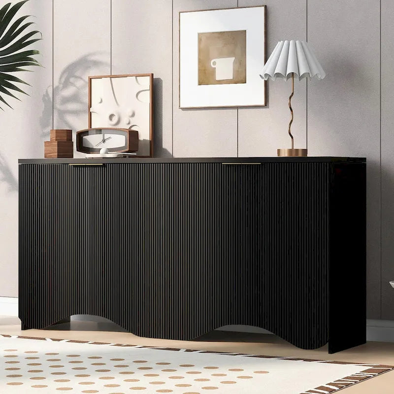 Four-Door Sideboard Cabinet Ribbed Wavy Base Gold Handles Navy Blue White Black