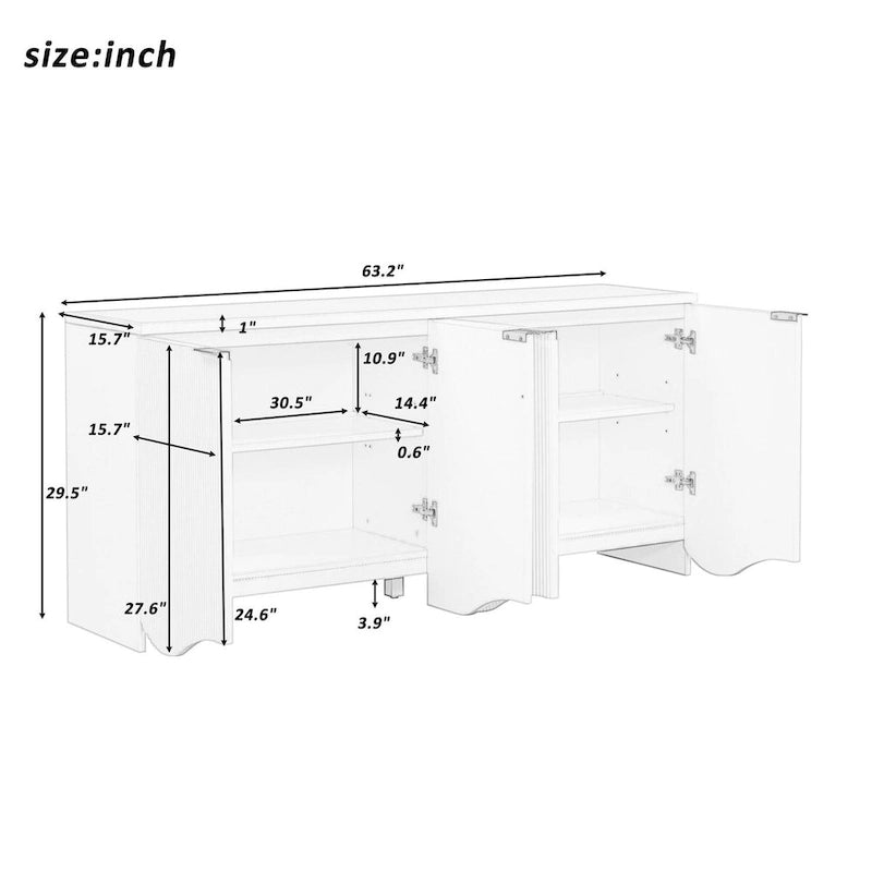 Four-Door Sideboard Cabinet Ribbed Wavy Base Gold Handles Navy Blue White Black