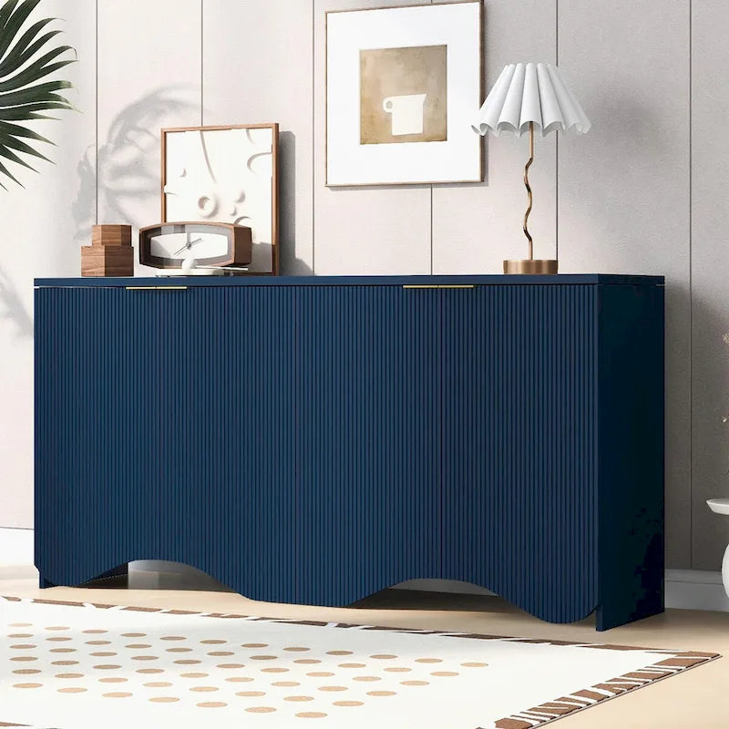 Four-Door Sideboard Cabinet Ribbed Wavy Base Gold Handles Navy Blue White Black