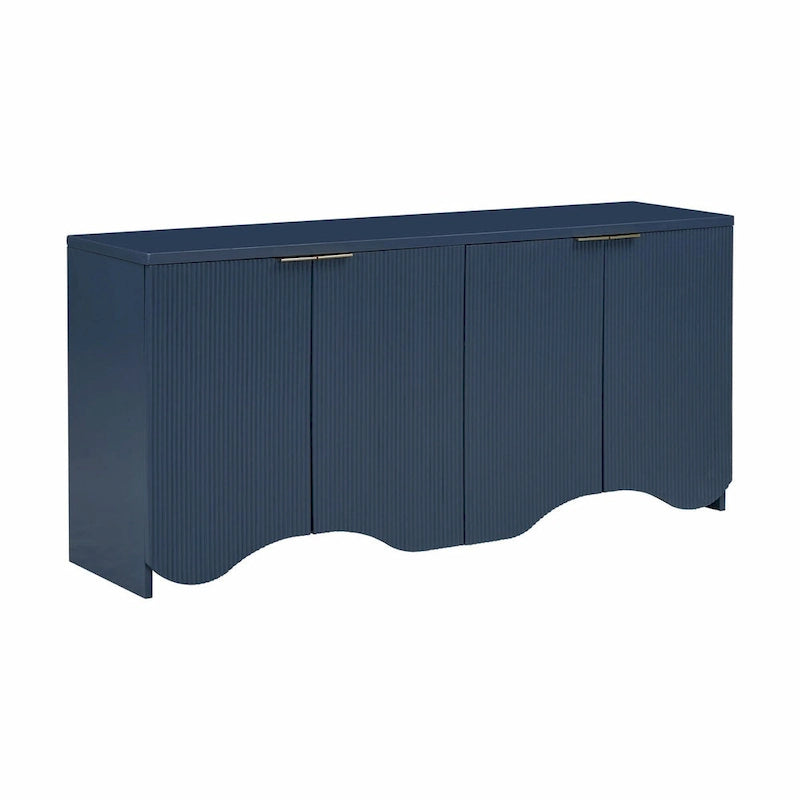Four-Door Sideboard Cabinet Ribbed Wavy Base Gold Handles Navy Blue White Black