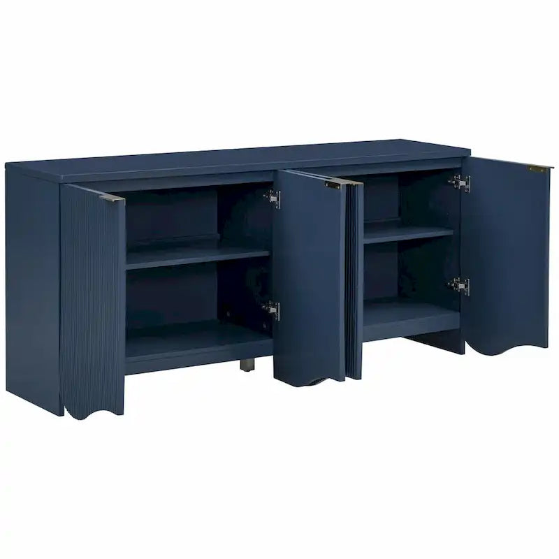 Four-Door Sideboard Cabinet Ribbed Wavy Base Gold Handles Navy Blue White Black