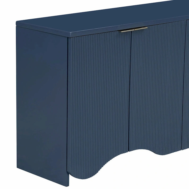 Four-Door Sideboard Cabinet Ribbed Wavy Base Gold Handles Navy Blue White Black