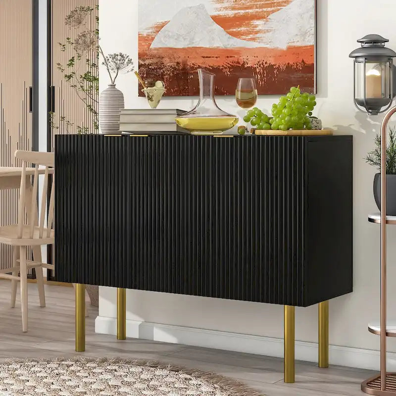 Fluted Door Sideboard Cabinet with Gold Metal Legs, Black or White
