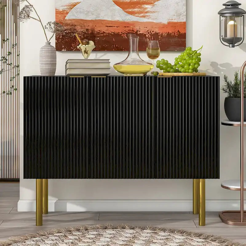 Fluted Door Sideboard Cabinet with Gold Metal Legs, Black or White