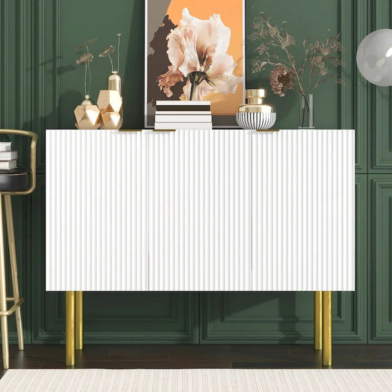 Fluted Door Sideboard Cabinet with Gold Metal Legs, Black or White