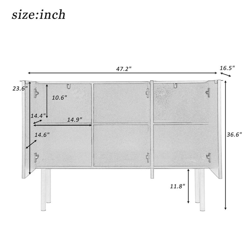 Fluted Door Sideboard Cabinet with Gold Metal Legs, Black or White