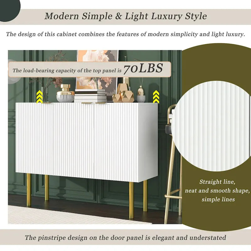 Fluted Door Sideboard Cabinet with Gold Metal Legs, Black or White